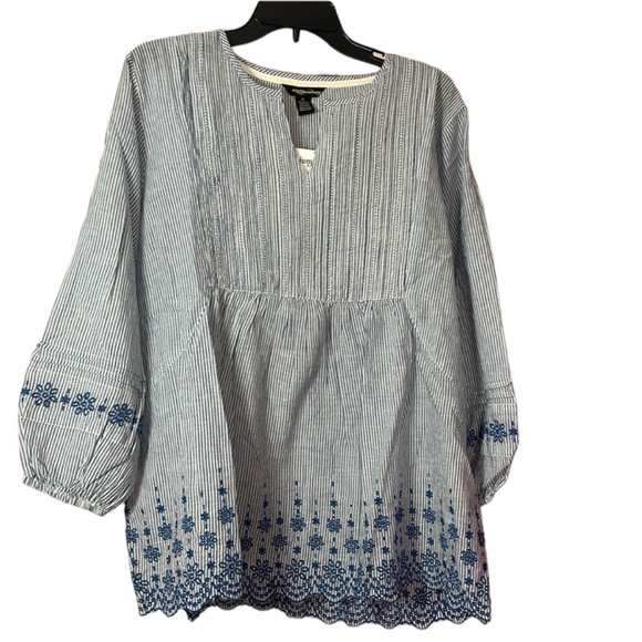 Millennium 100% cotton, blue and white striped embroidered floral top, plus size - Picture 8 of 8